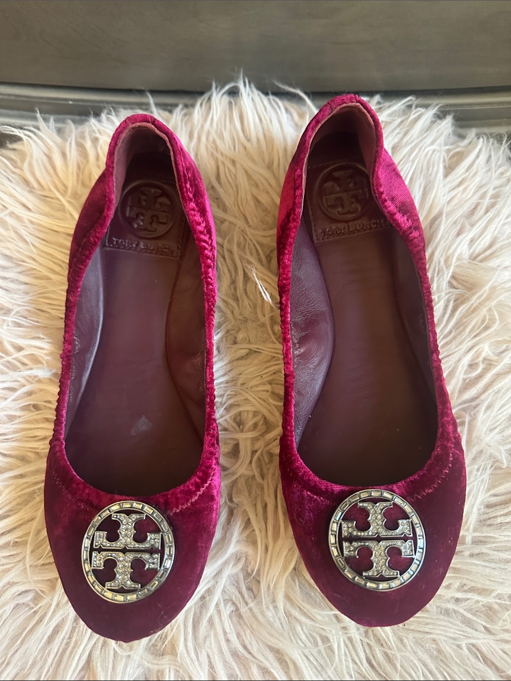 Tory Burch Burgundy Velvet Logo Ballet Flats